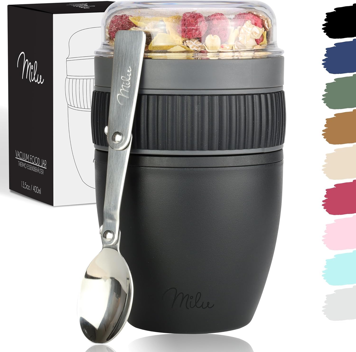 Milu Breakfast Cereal Cup with Spoon To-go Yogurt Pot Leakproof Overnight Oats Jar Breakfast Storage Container BPA Free for Office School Travel Picnic (Black, 400ml) — image 1