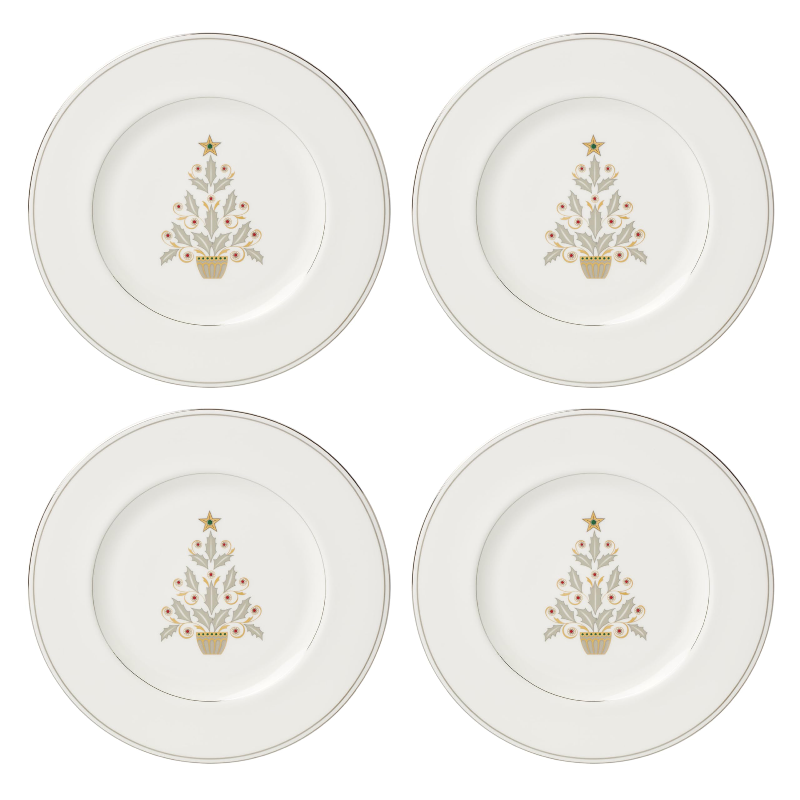 Lenox 897868 Federal Platinum Tree Accent Plates, Service For 4, Christmas Dishes, Dinnerware Set, Holiday