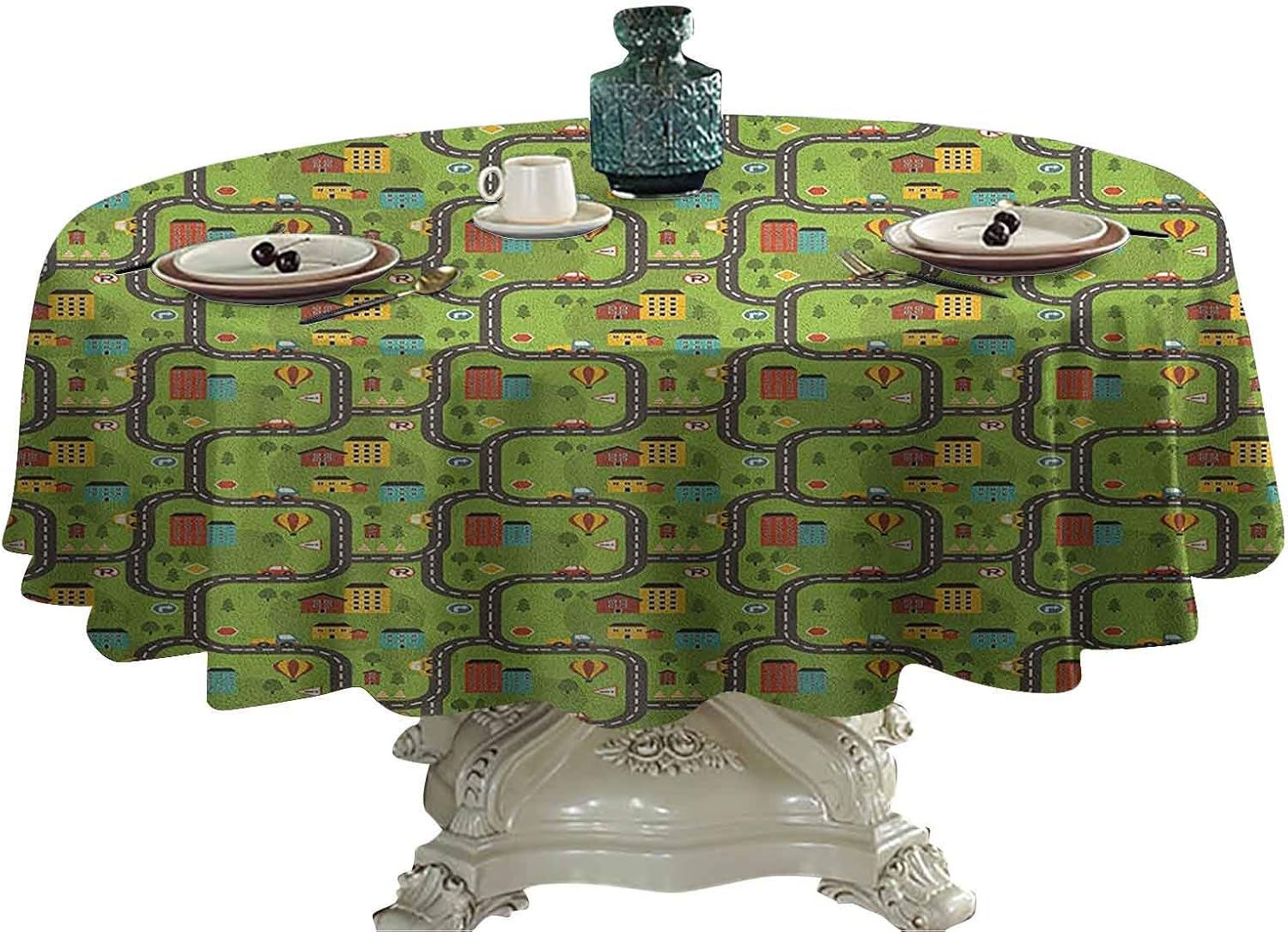 Kids Car Race Track Roadway Activity Food Round Tablecloth Cartoon Style Illustration with Buildings Roadworks Outdoor Picnics 70 inch