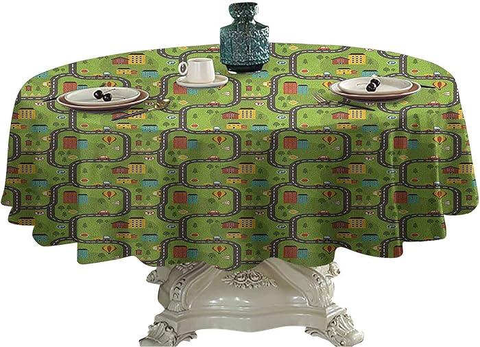 Kids Car Race Track Roadway Activity Food Round Tablecloth Cartoon Style Illustration with Buildings Roadworks Outdoor Picnics 70 inch