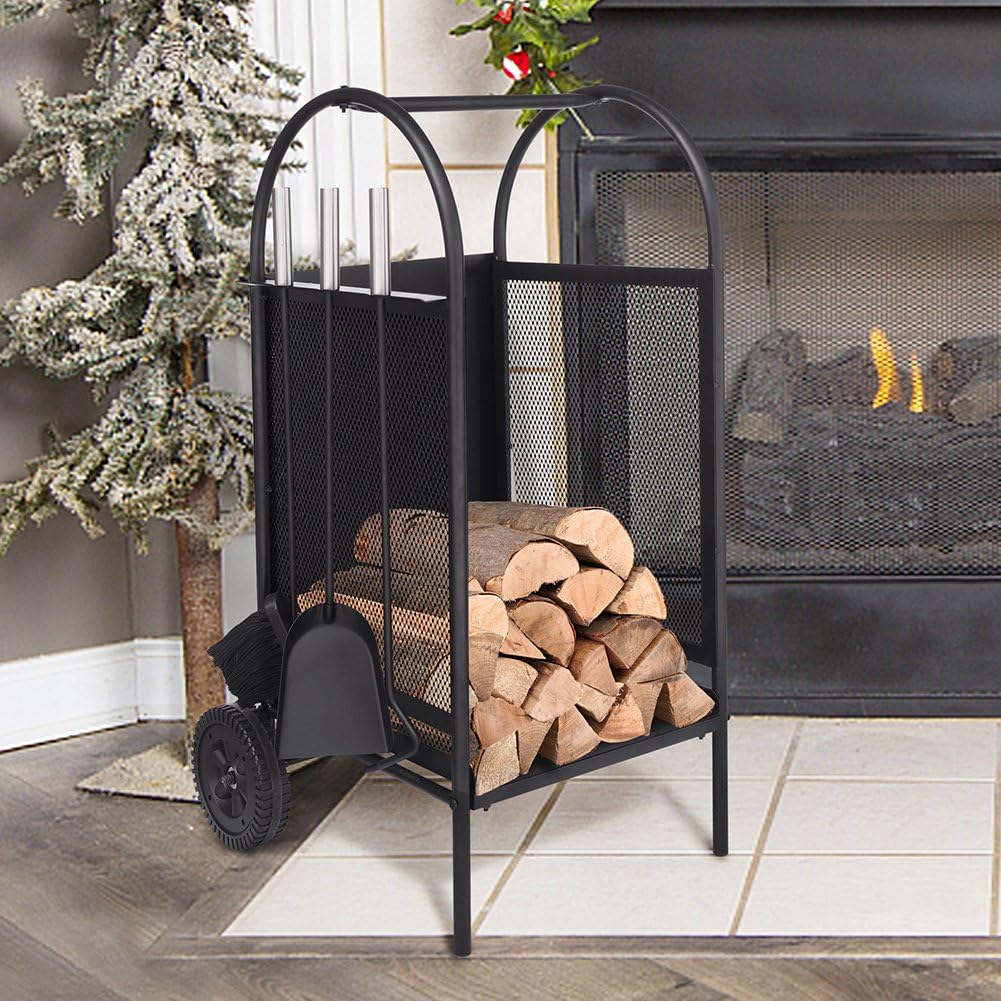 Firewood Cart with Wheels, Firewood Log Rack with 3 Tools Fireplace Log