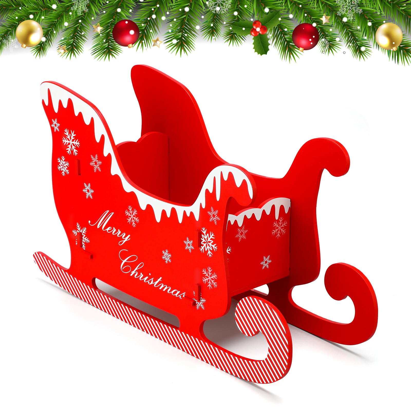 Photo 1 of **FOR PARTS ** Qeeenar Christmas Santa Sleigh Indoor Decorations Red Wooden Sled Christmas Tree Decor Photo Booth Props Kit Table Top Xmas Decor for Pets Trailer Party Favors Sleigh, 19 x 11 x 6.3 Inches