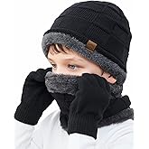 KMOLY Kids Winter Beanie Hat Scarf Touchscreen Gloves Set for Boys Girls 4-15 Years Warm Skull Cap Fleece Lined Knitted Hat