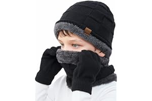 KMOLY Kids Winter Beanie Hat Scarf Touchscreen Gloves Set for Boys Girls 4-15 Years Warm Skull Cap Fleece Lined Knitted Hat