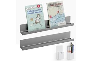 DTUQYX Metal Magnetic Book Shelf: Book Display Shelf 2-Pack Strong Adsorption with 2 Pen Containers, Durable Magnetic Shelves for Classroom, Movable Office File Book Holder, Refrigerator Shelf (Grey)