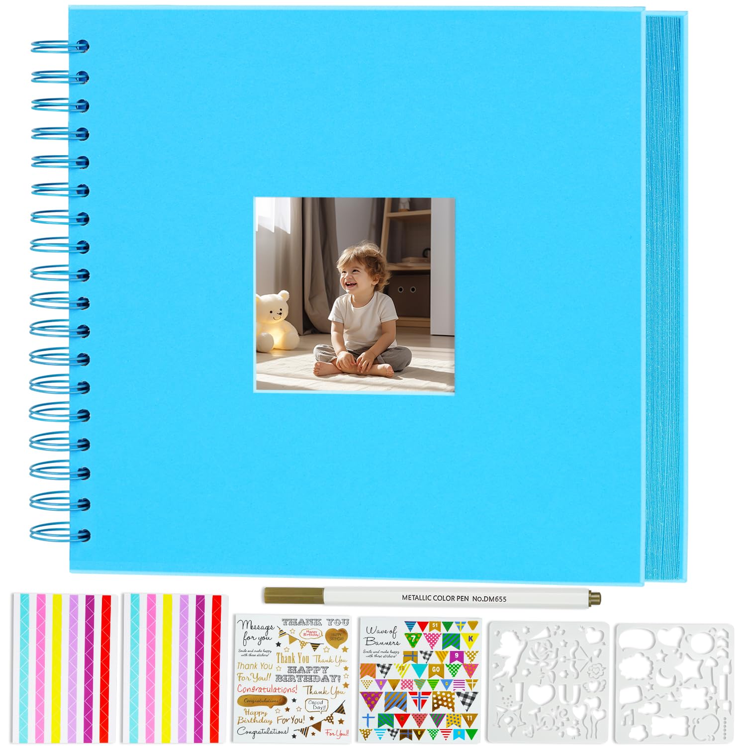 Miaikoe 20.5x20.5 cm DIY Scrapbook Album with Window Hardcover Kraft Blank Paper Scrap Book with 20 Sheets Photo Album for Guest Book, Family Wedding Anniversary (Blue)