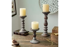 Inweder Wood Pillar Candle Holders (Set of 3), Rustic Tall Farmhouse Candle Stand, Large Table & Fireplace, Brown