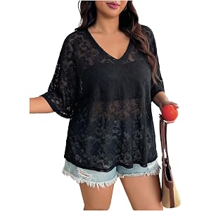 MakeMeChic Women's Plus Size Concert Outfits Fishnet Tops Black Rhinestone Mesh Short Sleeve Festival Tops