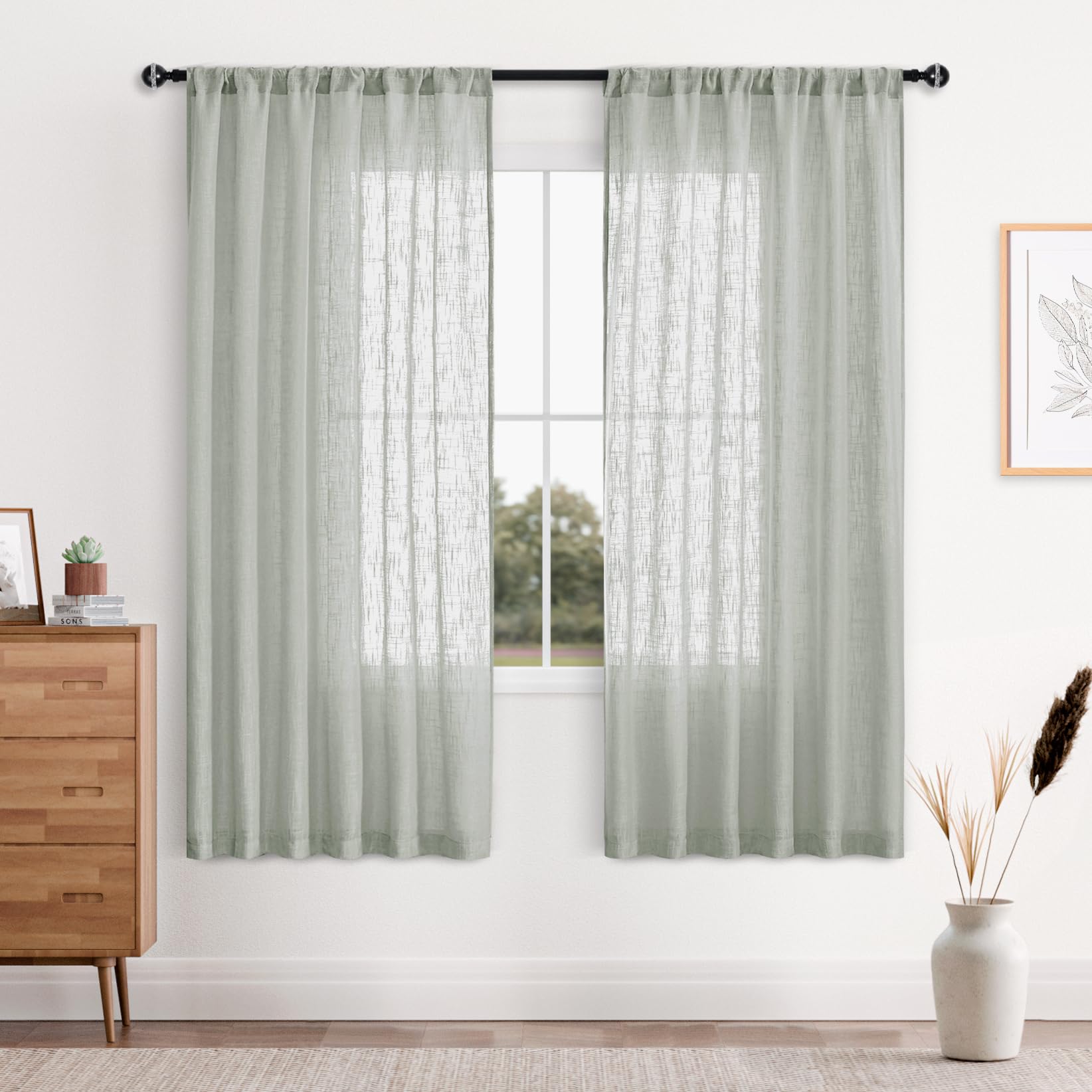 DWCN Grey Faux Linen Sheer Curtains - Rod Pocket Textured Semi Voile Bedroom and Living Room Window Curtains, Set of 2 Window Curtain Panels, 52 x 72 Inch Length