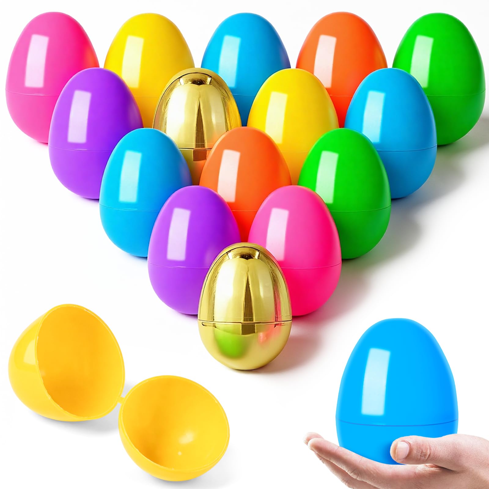 MGparty 36 Pcs 3.5" Large Fillable Easter Eggs with 6 Golden Eggs, Plastic Easter Eggs Empty Bulk for Egg Hunt, Easter Basket Stuffers, Party Favors and Decorations