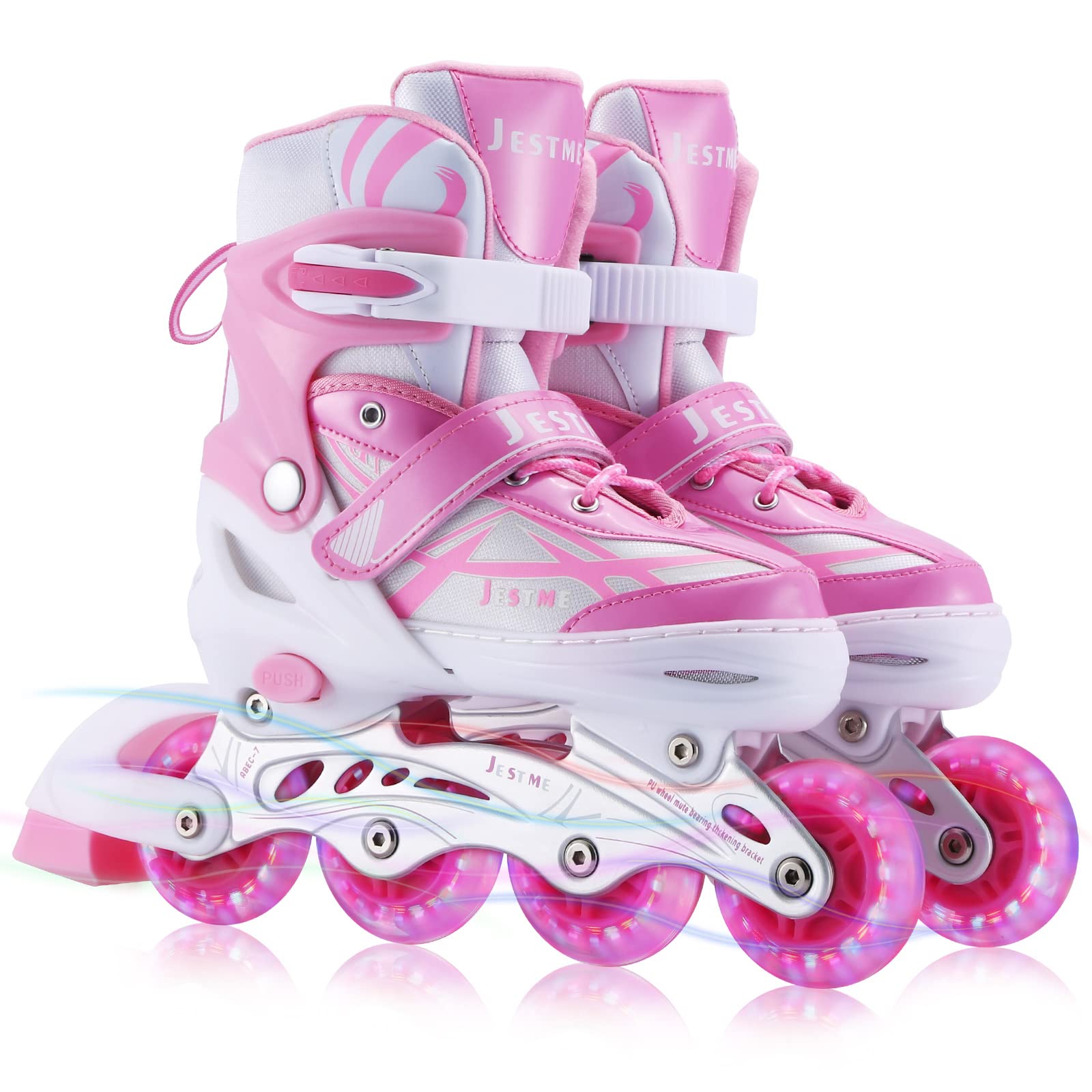Photo 1 of (KIDS 11) Adjustable Inline Skates for Girls Boys Beginners, Kids Roller Skates with All Illuminating Wheels (Pink, Small-Little Kids(11J-1US))