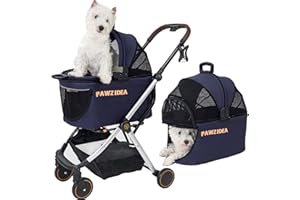 PAWZIDEA Dog Stroller 4 in 1, Multifunctional Pet Stroller for Cats, Puppy Booster for Car Seat, Detachable Carrier with Easy-Lock NO-Zip Canopy, Jogger Strollers for Small Medium Dogs Kitten, 4-Wheel