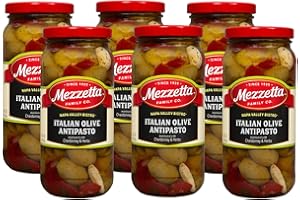 Mezzetta Napa Valley Bistro Italian Olive Antipasto - Green Olives, Peperoncini, Red Bell Peppers with Chardonnay & Herbs - Ideal for Party Appetizers & Salads - Gourmet Blend - 16 Oz Jar - Pack of 6