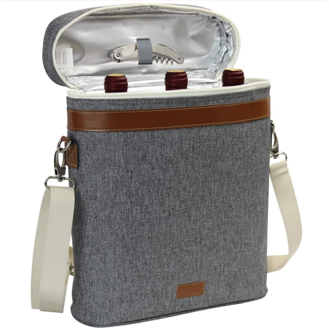 3 Bottle Insulated Wine Cooler Bag, Portable Carrier with Shoulder Strap for Beach and Picnic, Unique Gift for Wine Lovers, Grey