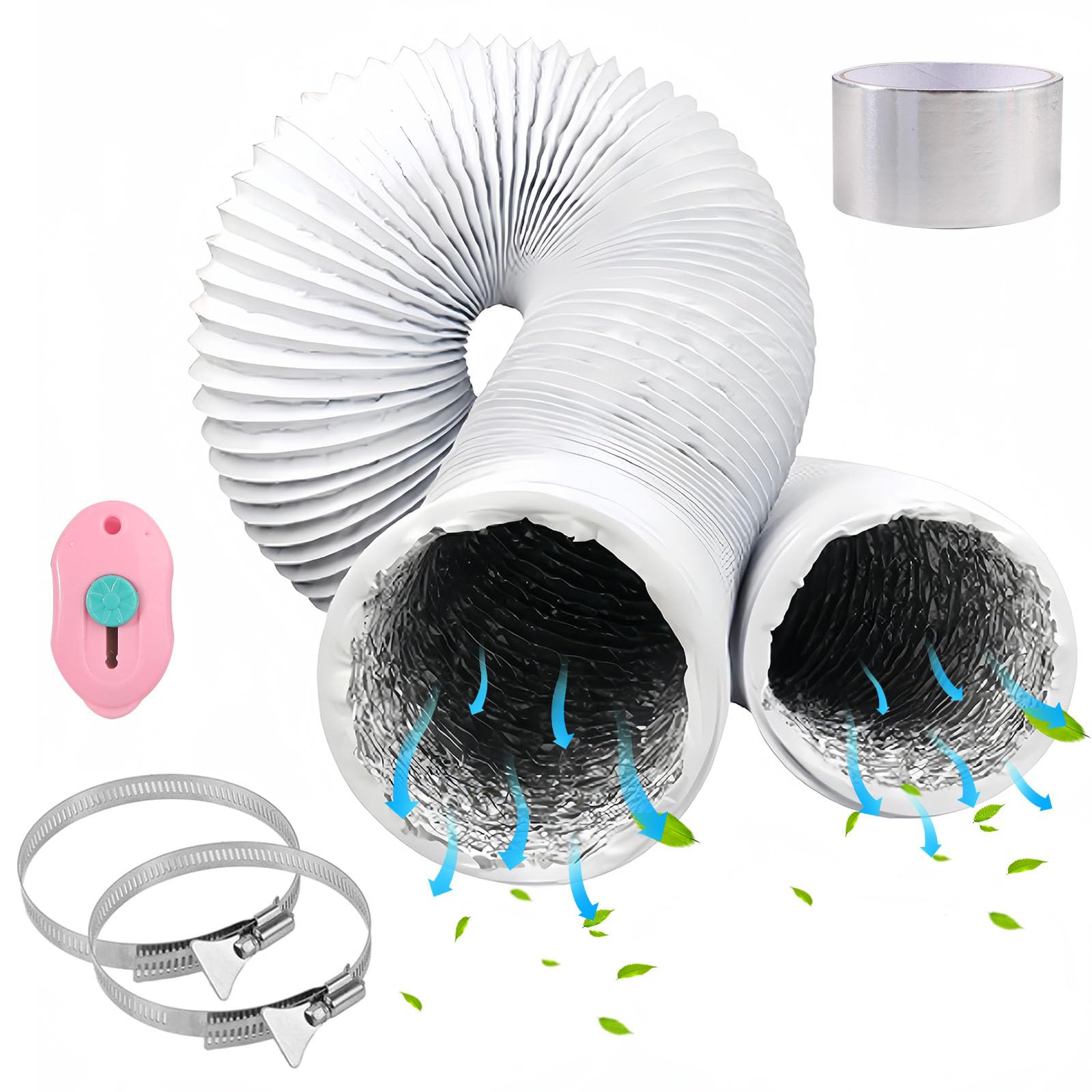 Dryer Vent Hose White Aluminium PVC Ventilation Air Ducting Flexible Hose 125mm - 4.9 inch Ducting with Hose Clamps for Tumble Dryer Cooker Hood Kitchen Bathroom Extractor Fan Air Conditioner - 2M