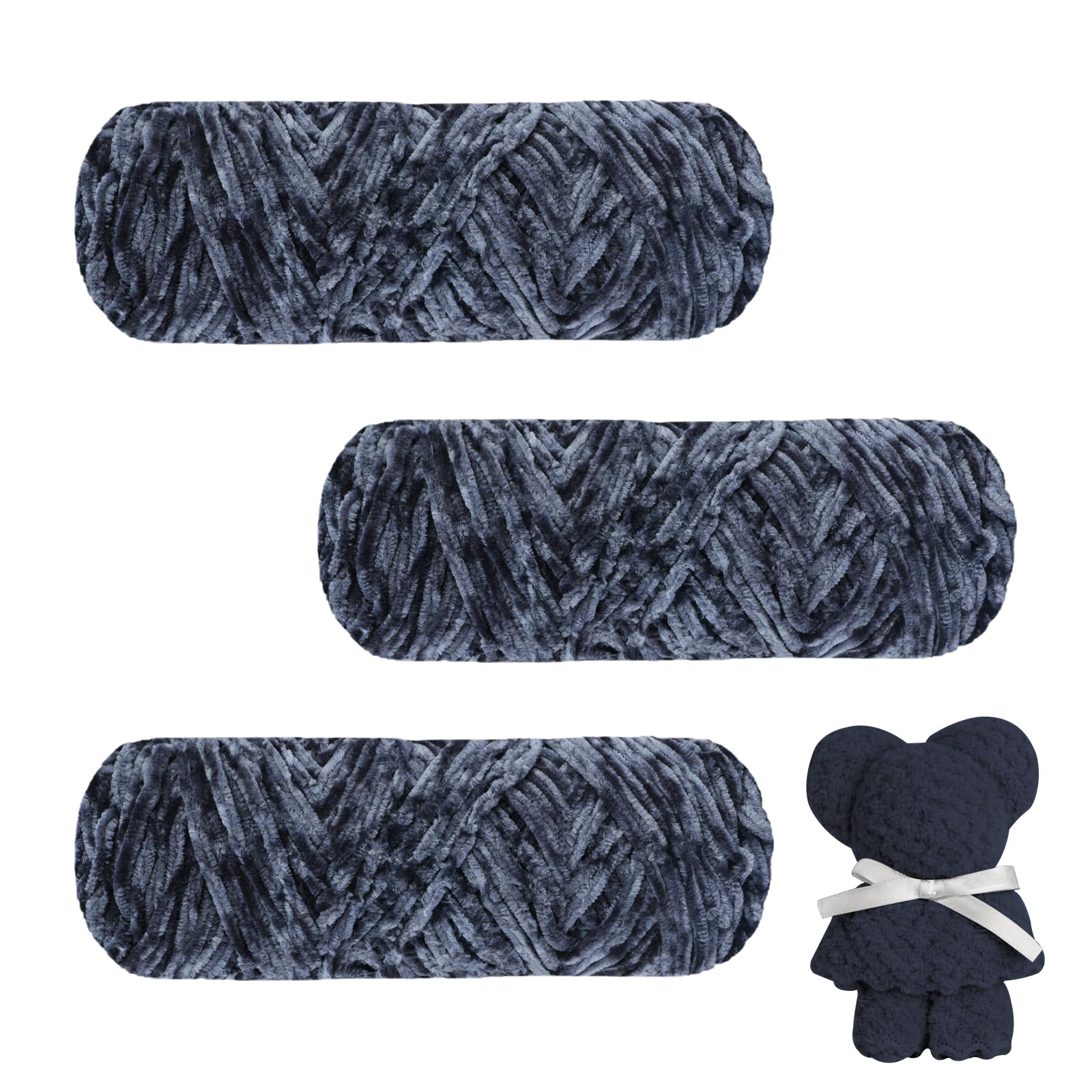 AUAUY Chunky Chenille Yarn - 3 x 100g Super Soft Velvet Yarn for Knitting, Crochet, Blankets, Clothes, Bags, Scarves & DIY Works - Grey