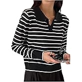 Milumia Women's Striped Collared V Neck Sweater Ribbed Knit Long Sleeve Casual Pullover Tops