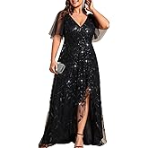 Ever-Pretty Women's Sequin Short Sleeve Plus Size Formal Dresses A Line High Low Slit V Neck Evening Dress