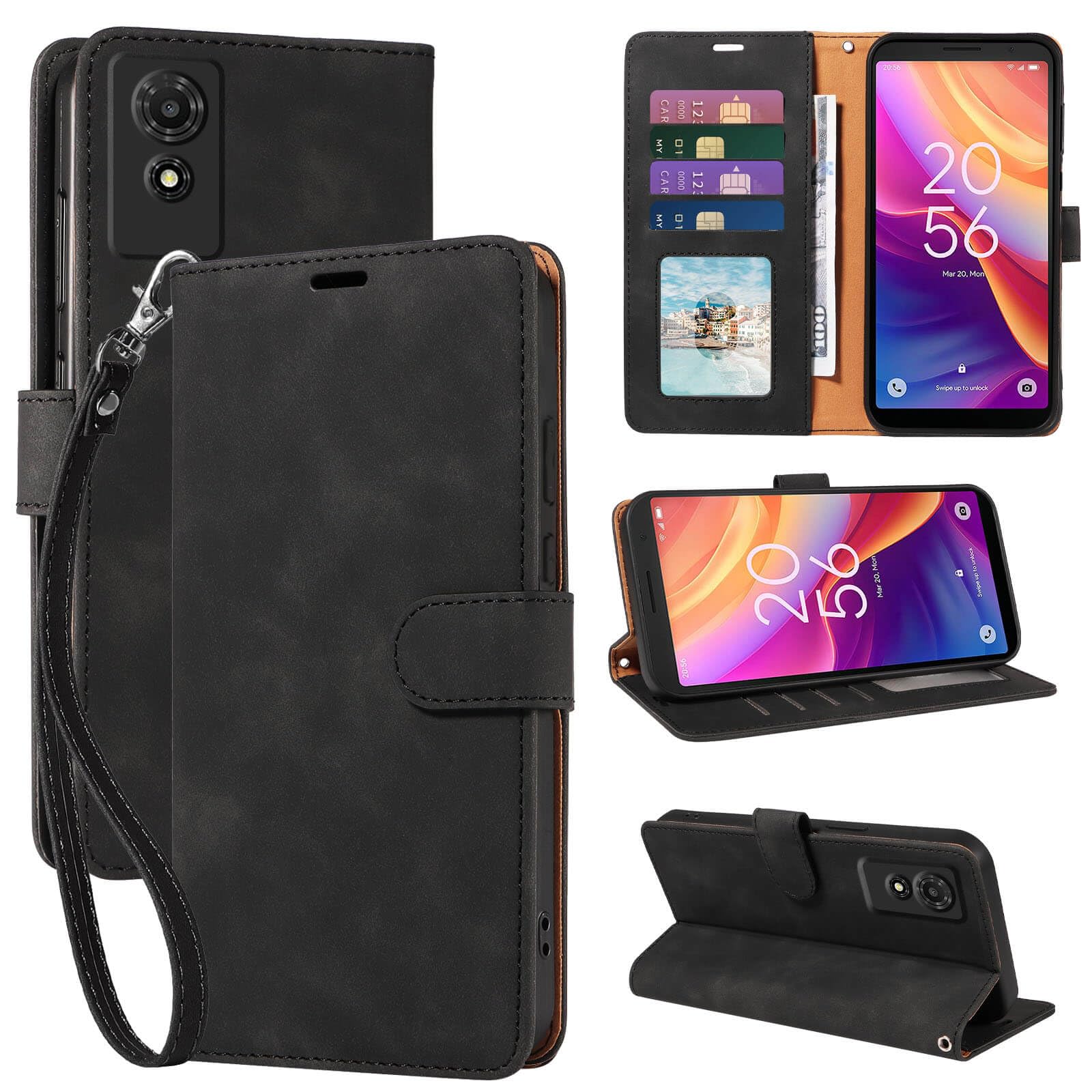 GOTOURED for TCL 501 Phone Case Wallet Wrist Strap Black, RFID Blocking 4 Card Slots, Kickstand, Magnetic Closure, Shockproof Protective Soft Leather Flip Cover