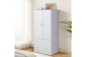 LEVNARY Armoire Wardrobe Closet with 2 Woven Doors, Wardrobe Cabinet with 2 Storage Drawers and Hanging Rail, Freestanding Wooden Closet for Bedroom (White)