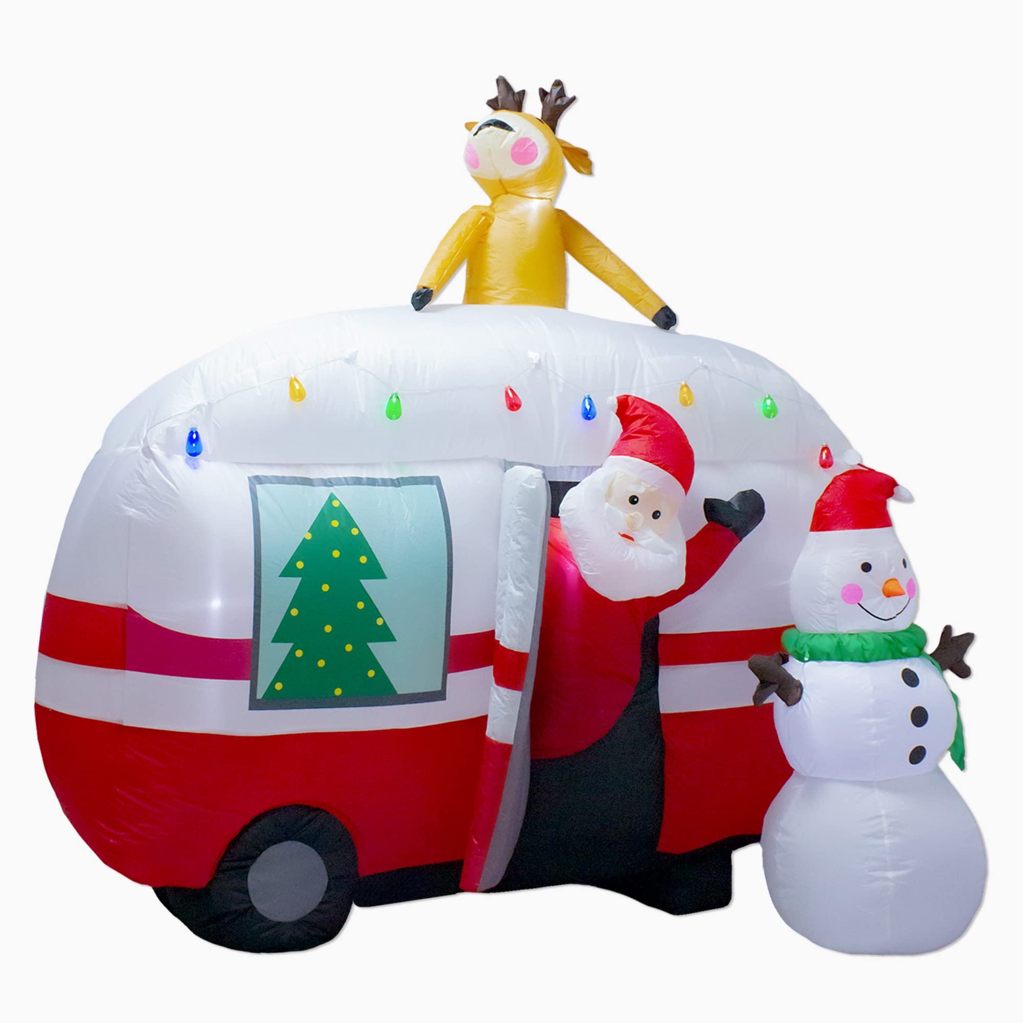 Photo 1 of luxfcup 8FT Christmas Inflatable Santa Snowman Camper Inflatables Decoration with LED Lights Outdoor Yard to Blow Up Christmas Car Decorations