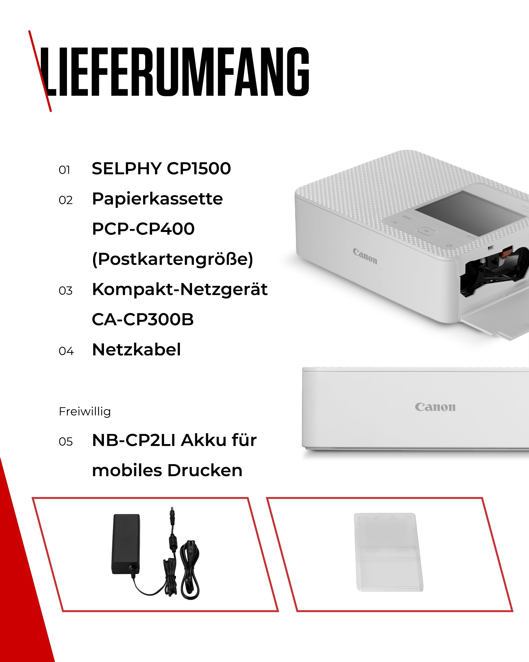 Canon SELPHY CP1500 Mini Fotodrucker mobil tragbar unterwegs (bis Postkartengröße 10x15cm, WLAN, Handy, kabellos, Thermosublimation, App, farbstabil 100 Jahre) weiß [ohne Farbband/Papier, ohne Akku] 9