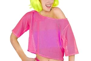 LuckyMoon 80s Mesh Fishnet Top for Women - Neon Off Shoulder T-Shirt - Disco Retro Outfit Costume