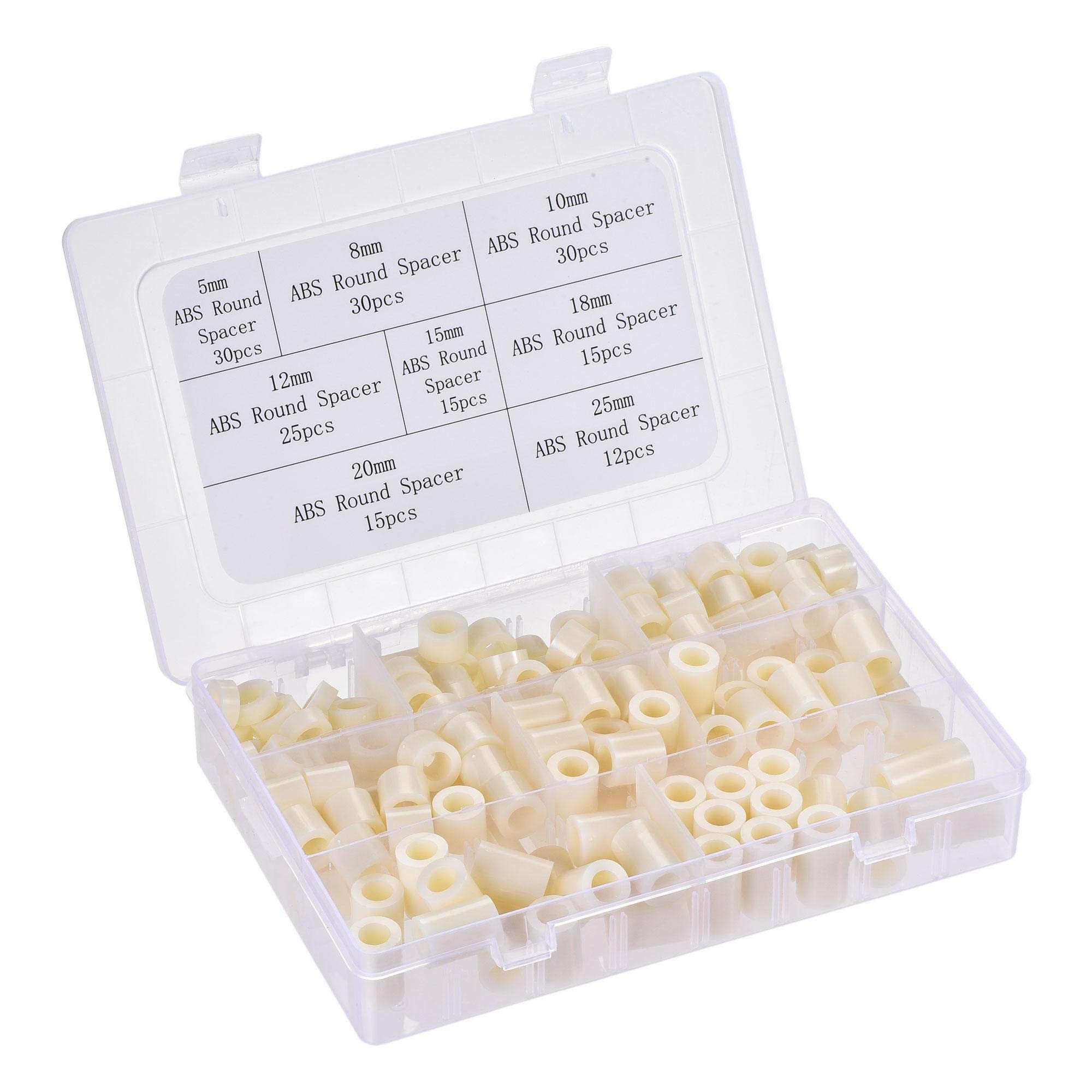 sourcing map ABS Round Spacer Assortment Kit ID 8.2mm OD 14mm for M8 Screws, 8 Sizes Plastic Standoff (5mm 8mm 10mm 12mm 15mm 18mm 20mm 25mm), 172pcs