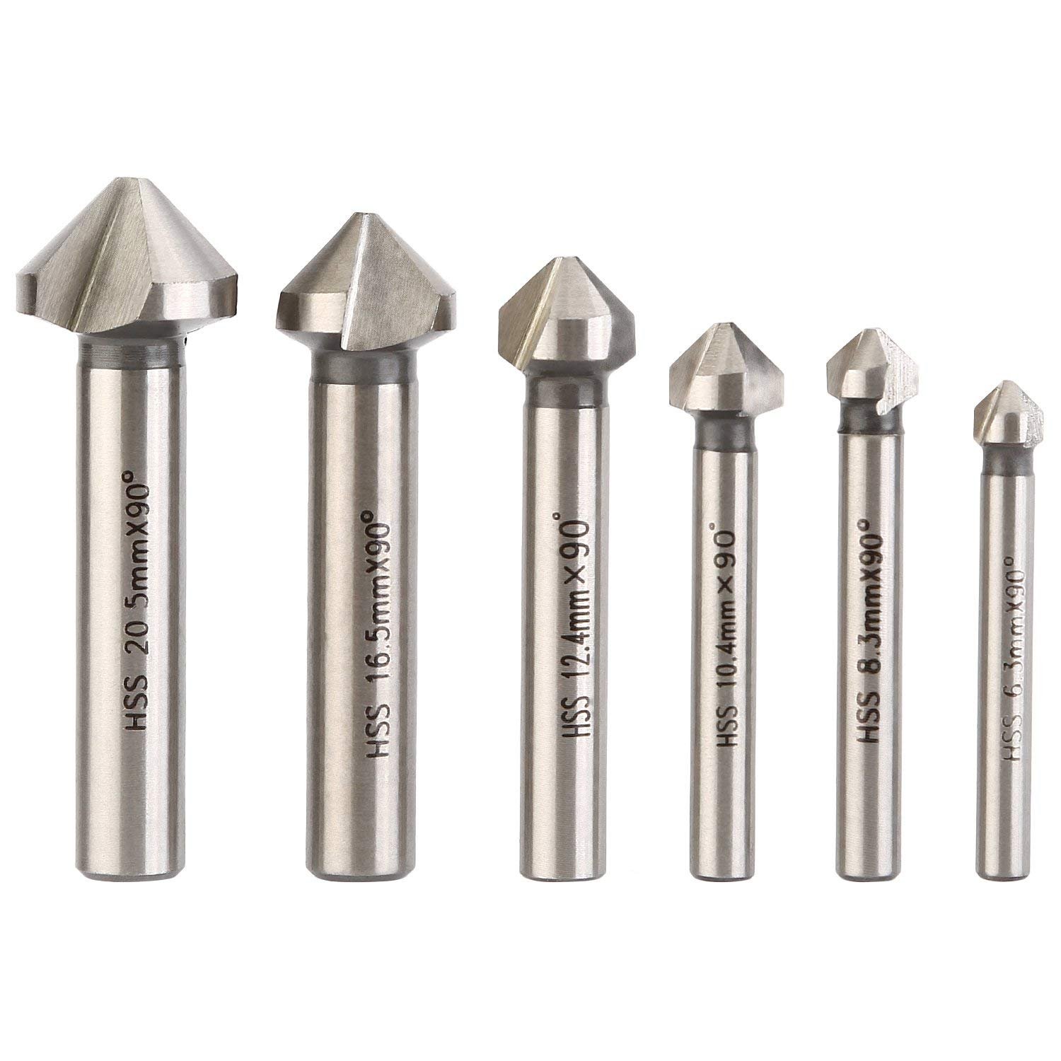 Countersink Drill Bits 6 PCS, MALAYAS HSS 6542 Countersink Drill Bit Set 90 Degrees, Titanium Chamfer Cutter Drill Bits for Wood Steel Aluminum , Metal, Machine Tools 6.3/8.3/10.4/12.4/16.5/20.5mm