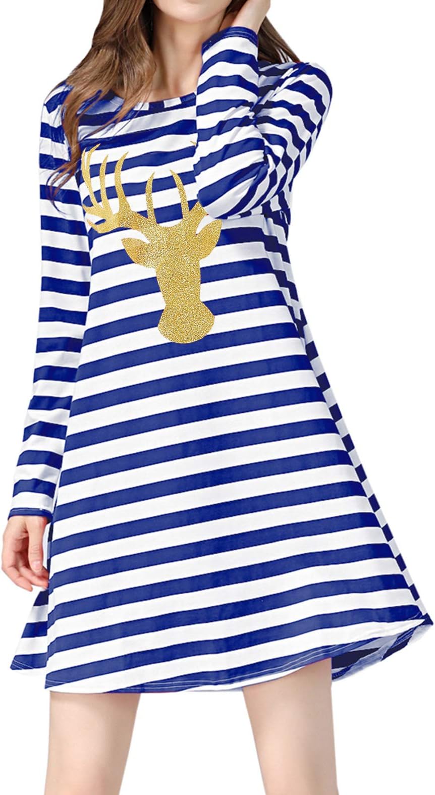 lymanchi Women Long Sleeve Christmas Dresses Stripe Elk Casual Flowy Long Tunics