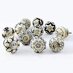 Artncraft Set of 10 Vintage Color Multi Designed Ceramic Cupboard Cabinet Door Knobs Drawer Pulls & Chrome Hardware 1 (Black & White)