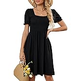 Naggoo Women's Summer Dresses Short Puff Sleeve Casual Square Neck Floral Print Smocked A Line Flowy Beach Sun Dresses