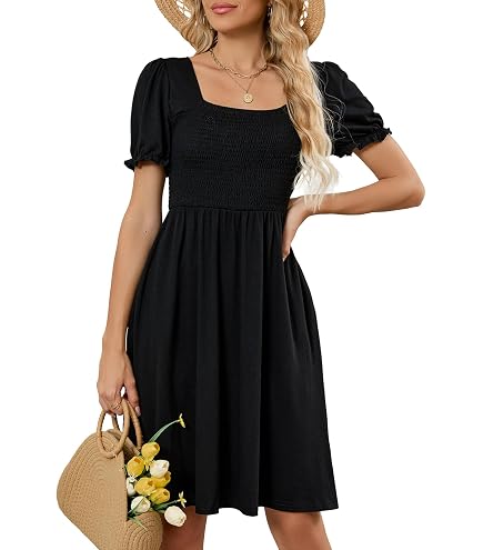 Lyrur Women's Floral Square Neck Smocked Knee Length Summer Dress Black