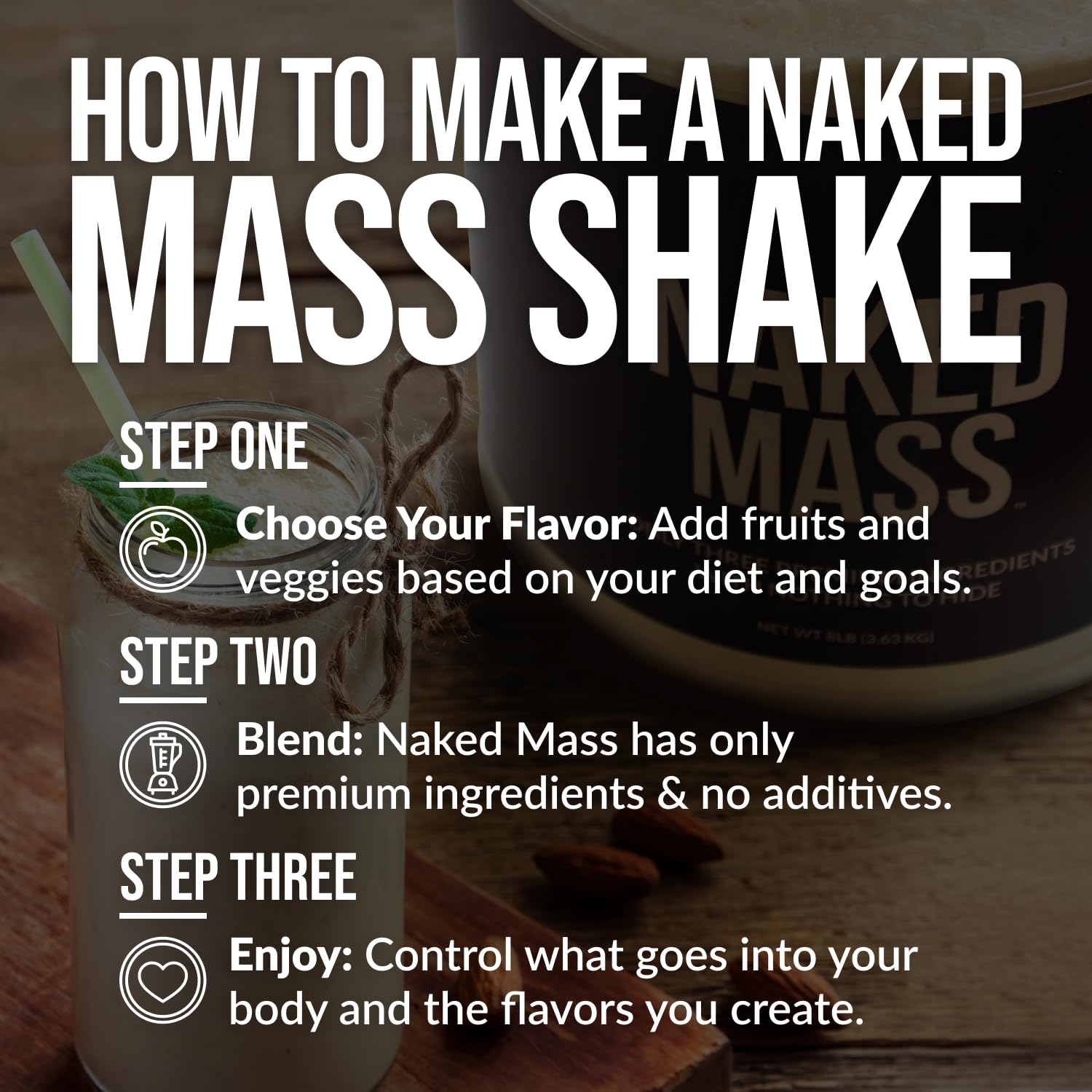 NAKED Double Chocolate Mass - 1,260 Calories, 50G Protein, Nothing Artificial. All Natural Weight Gainer Protein Powder - 8Lb Bulk, GMO Free, Gluten Free & Soy Free