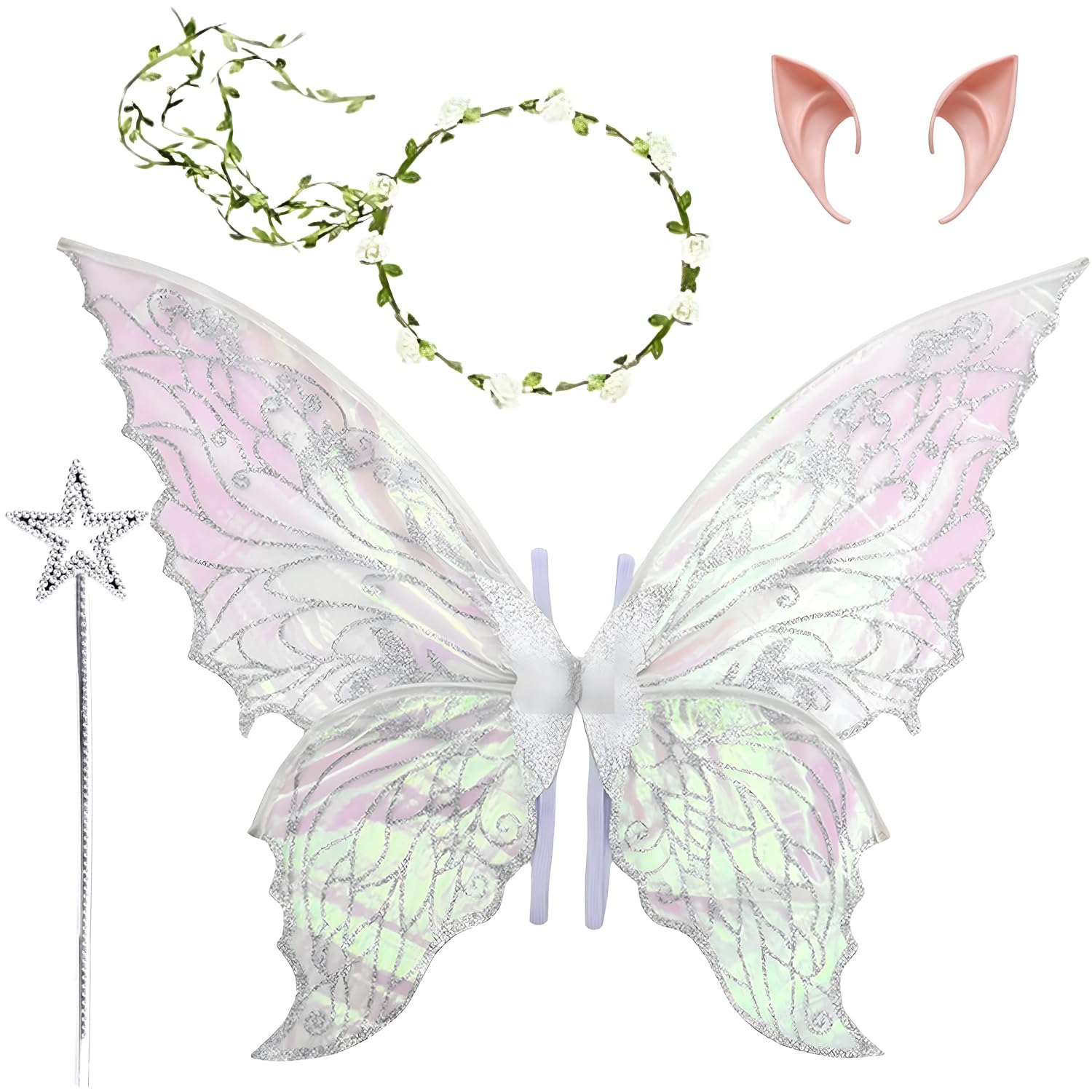 Ruichi Fairy Wings for Adult, Fairy Wings Costume for Adult Kids, Halloween Christmas Costume, Butterfly Wings Dress Up, Fairy Costume Set with Wands, Flower Headband, Elf Ears