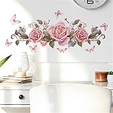 WOHAHA Pink Rose Vine Wall Sticker Pink Butterfly Flower Wall Decals Girls Kids Bedroon Wall Stickers Peel and Stick Living Room Office Nursery Wall Art Murals Decor