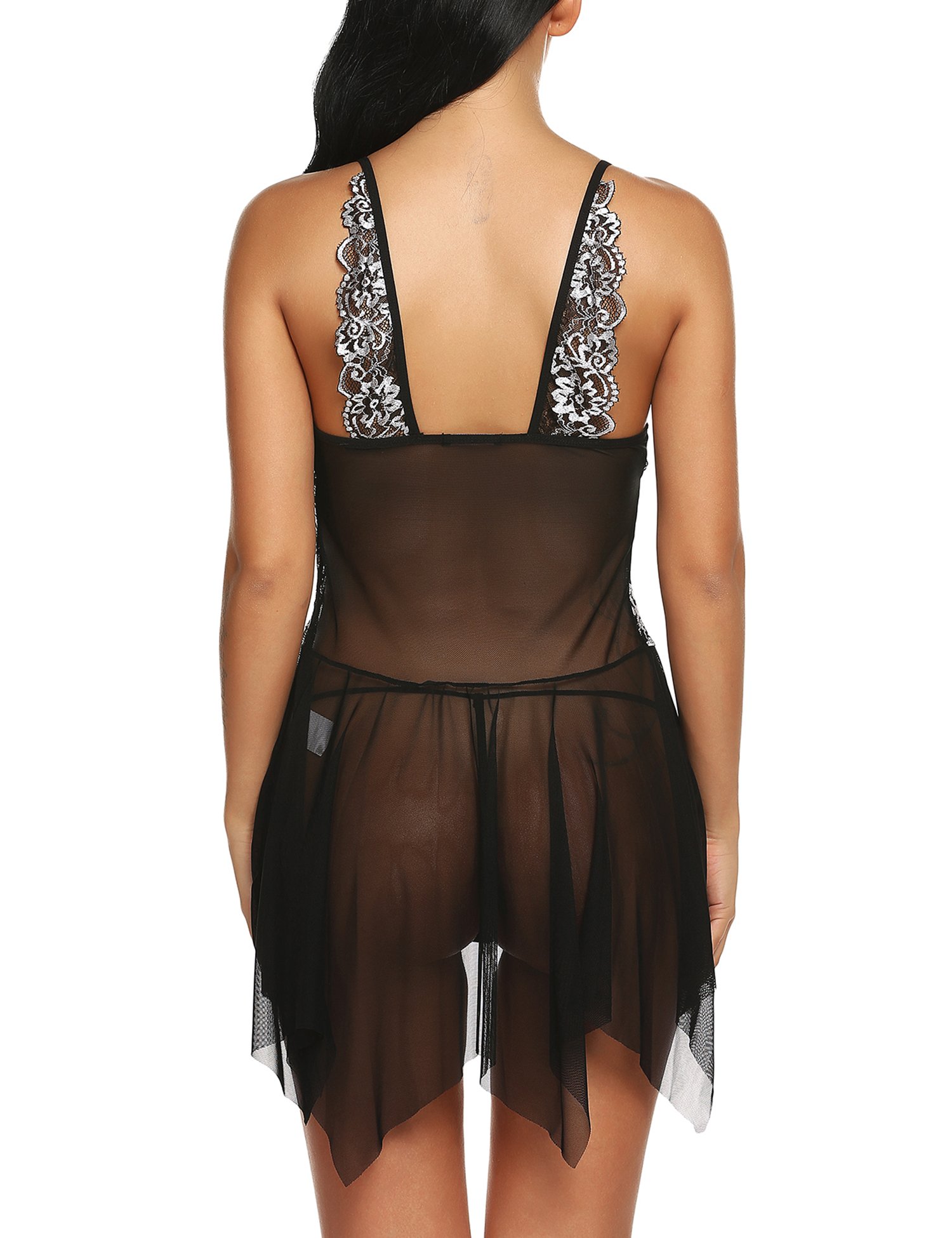 Klier Women Lingerie Sets Lace Babydoll Mesh Asymmetrical Hem Sleepwear Dress with G-String