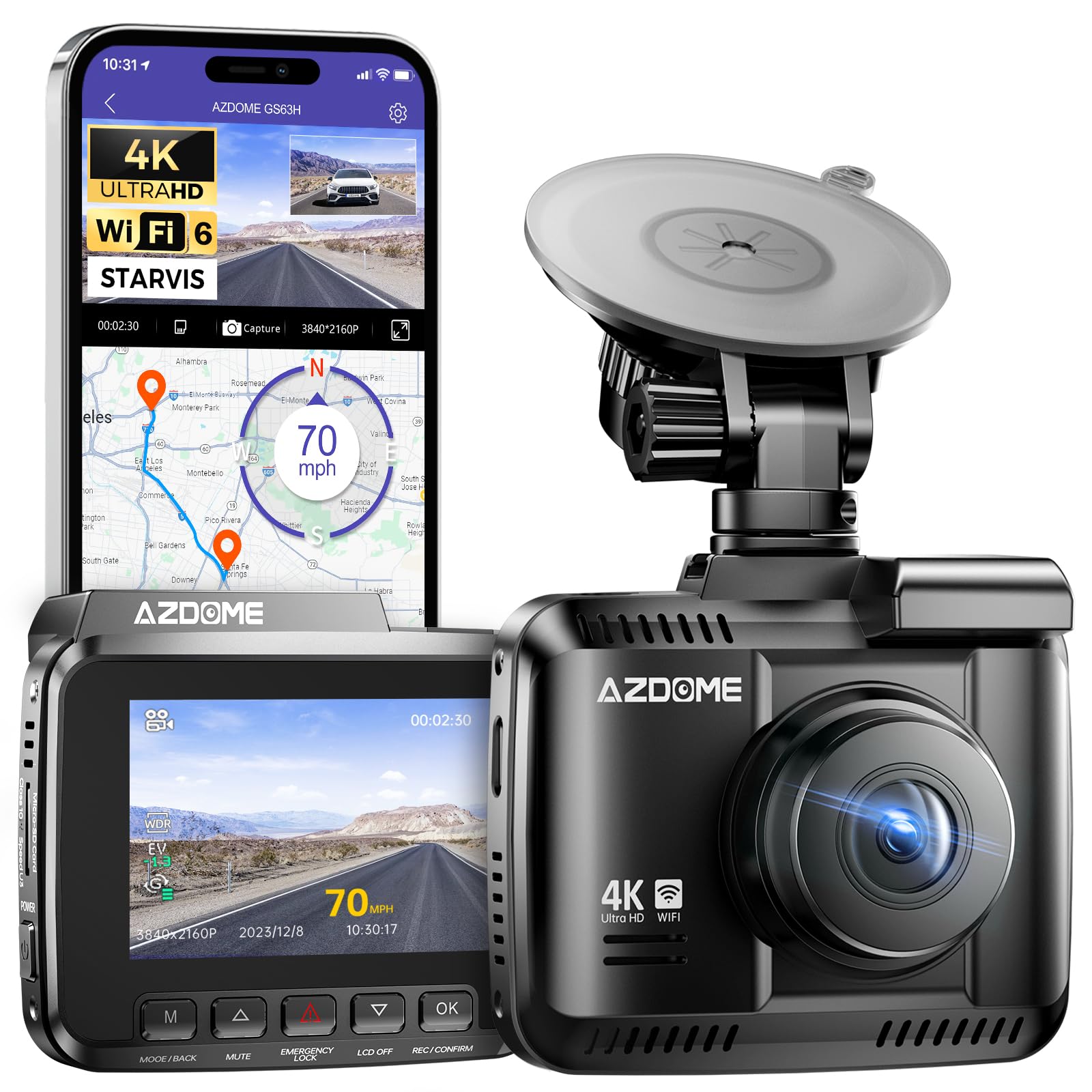 4K Ultra HD Dash Cam, AZDOME Car Camera 4K GPS WiFi Dash Camera with 170 Degree Wide Angle, Night Vision, G-Sensor, Loop Recording, Parking Monitor, Sony Sensor, WDR Car Video Recorder(GS63H)