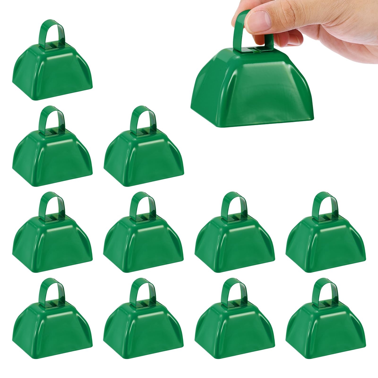 PATIKIL 12pcs Cow Bells for Football Games, 3inch Cowbells for Sporting Events Bulk Loud Noise Makers Metal Cow Bell with Handle for Cheering Wedding,Green