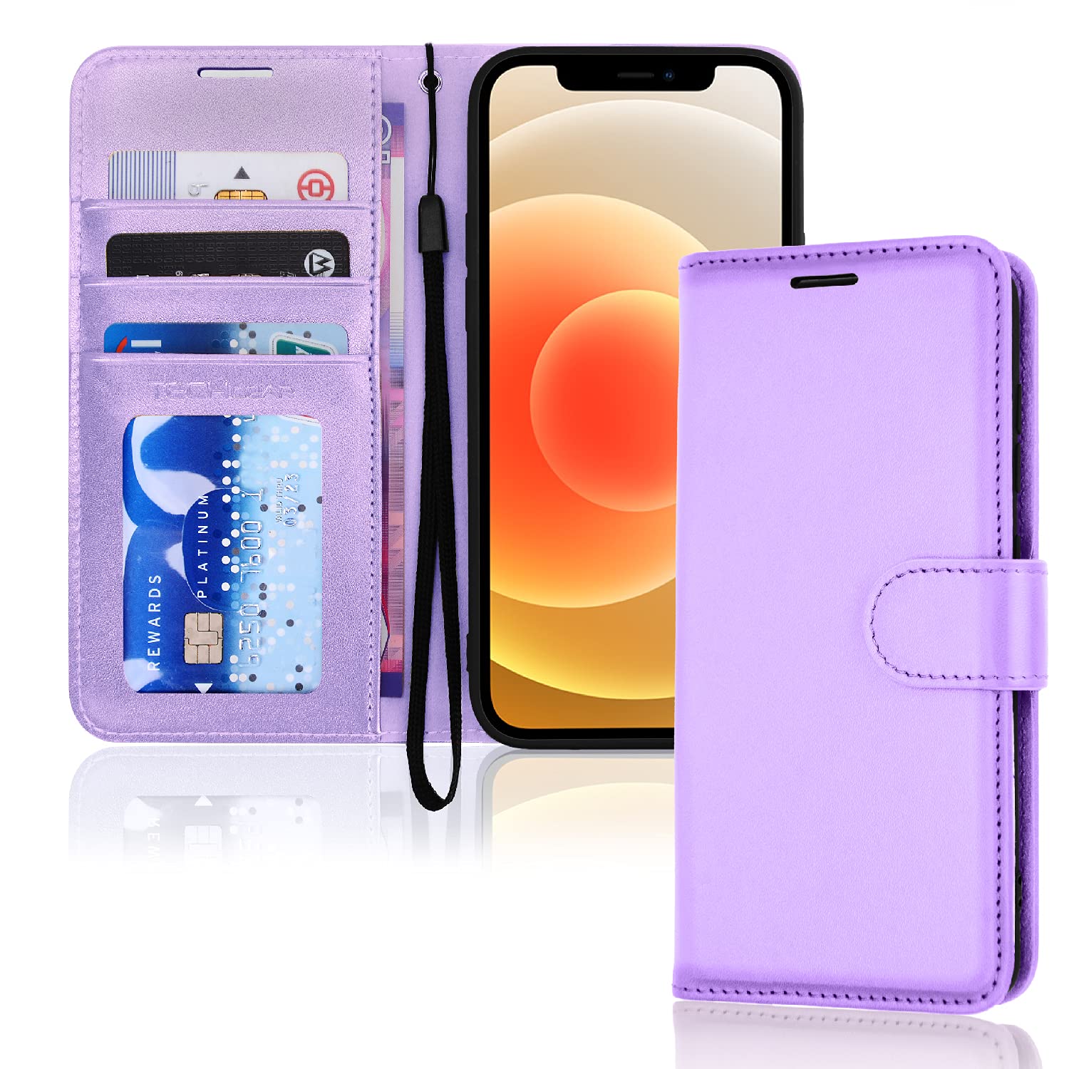 TECHGEAR iPhone 12 Mini Leather Wallet Case, Flip Protective Case Cover with RFID Wallet Card Holder, Stand and Wrist Strap - Purple PU Leather with Magnetic Closure Designed for iPhone 12 Mini 5.4"