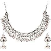 Efulgenz Oxidized Necklace Oxidized Indian Jewelry Set Boho Oxidised Crystal Choker Necklace Faux Pearl Drop Earrings Set for Women