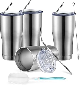COMOOO 20oz Bulk Stainless Steel Tumbler Set of 4 with Sliding Lid and Straw Double Wall Vacuum Travel Coffee Mug Insulated Tumbler Cup for Home, Office, School,Outdoor (Silver, 4 PACK)