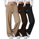 Velvelhall 3 Pack Women's Wide Leg Sweatpants Baggy Workout High Waist Drawstring Jogger Fall Lounge Yoga Pants with Pockets(Black, Brown, Khaki,Medium)