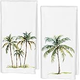 Qabliqo Tropical Palm Tree Bathroom Decor Towels, Tropical Bathroom Decor, Summer Coastal Plant Dish Tea Towels for Kitchen Decor, Beachy Botanical Decorative Hand Towels, 16x24 Inch Set of Two