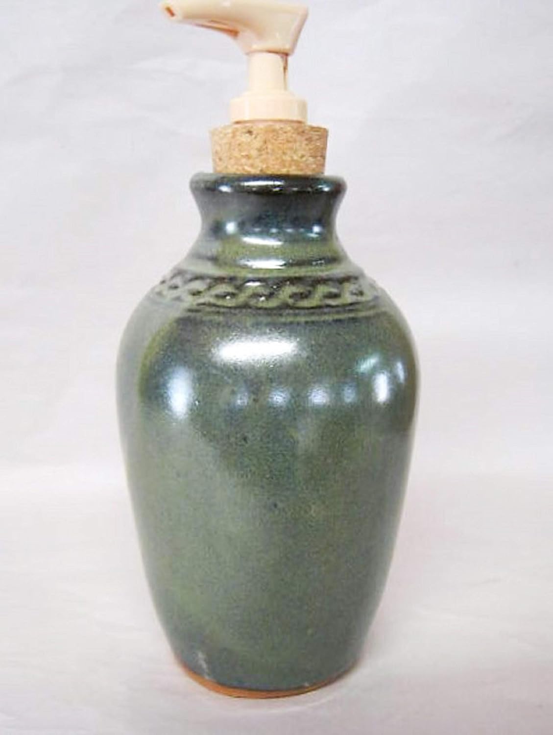 Handmade pottery lotion and liquid soap dispenser with pump and scroll design Green