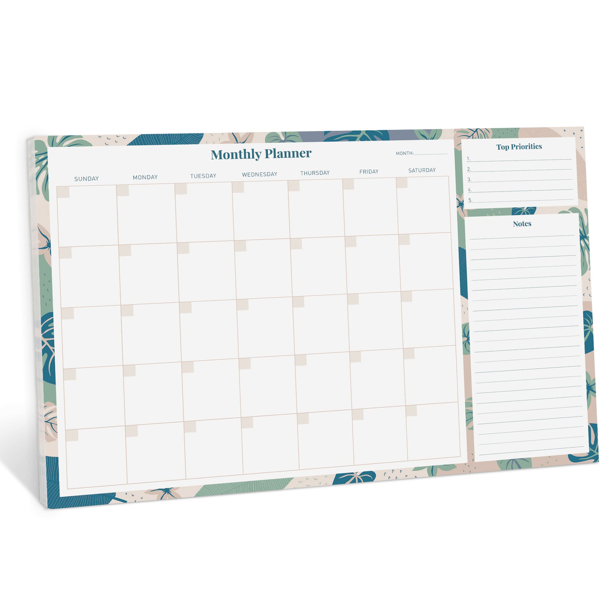 Rileys Monthly Planner Desk Pad, Undated Calendar with 52 Tearaway Sheets, Wide To Do Planner Notepad with Top Priorities and Notes Sections, Printed Border, 16.5 x 11.4" (Floral)
