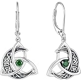 Raymard Trinity Celtic Knot Moon Leverback Earrings for Womens, 925 Sterling Silver Dangle Drop Round Gemstone Earrings, Irish Celtic Jewelry for Women
