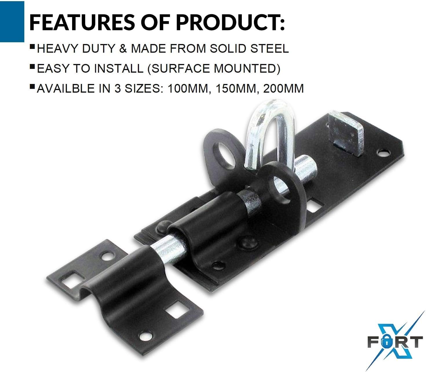 XFORT® 2 Pack Brenton Strong Sliding Lockable Padbolt 200mm (8") Ideal for use with Shed Doors Gates and Outhouse Doors (200mm, Black) - Image 4
