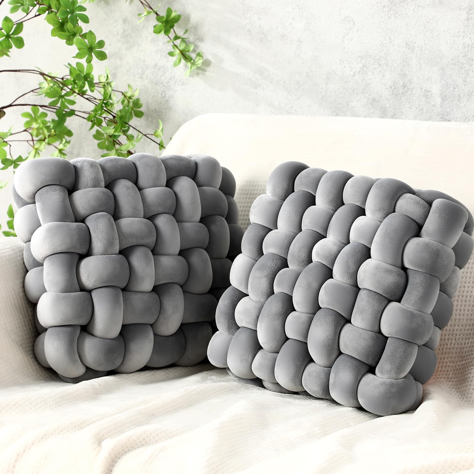 Photo 1 of Wenqik 2 Pcs Knot Pillows Square Knotted Plush Throws Soft Accent Pillows Decoration Cushion for Couch Home Office Living Room Bedroom Bed Sofa Decor, 12'' x 13''(Light Gray,Crystal Velvet)