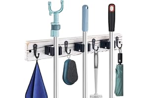 MG RACK YF Mop and Broom Holder Wall Mount-Rustic Wood Broom Hanger Wall Mount | Laundry Room Decor-Broom Organizer Wall Mount-Garden Tool Organizer Closet Garage Farmhouse Kitchen Deco(White-3slots/4hooks)
